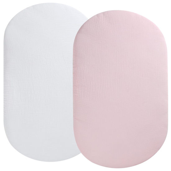 Picture of Muslin Bassinet Sheet Compatible with UPPAbaby Bassinet, 2 Pack Cotton Stylish Boho Fitted Bassinet Sheets Super Soft for Baby White & Pink