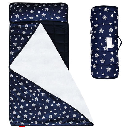 Picture of Moonsea Toddler Nap Mat Boy Navy with Pillow and Fleece Minky Blanket, Lightweight and Soft Perfect for Kids Preschool, Daycare, Travel Sleeping Bag for Boys, 21" x 50" Fit on a Standard Cot