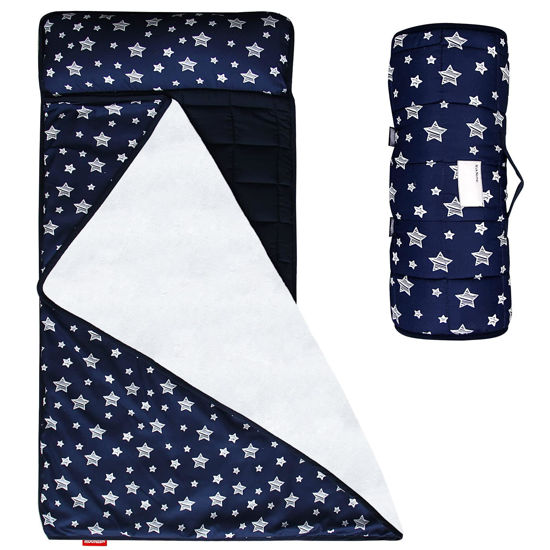 Picture of Moonsea Toddler Nap Mat Boy Navy with Pillow and Fleece Minky Blanket, Lightweight and Soft Perfect for Kids Preschool, Daycare, Travel Sleeping Bag for Boys, 21" x 50" Fit on a Standard Cot