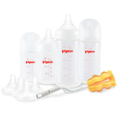 Picture of Pigeon Baby Bottle Newborn Feeding Gift Set, Anti-Colic, Wide Neck Bottle with Latch-On Line Nipple (4 PP Feeding Bottles with Nipples+ 4 Nipples + 1 Baby Bottle Brush)