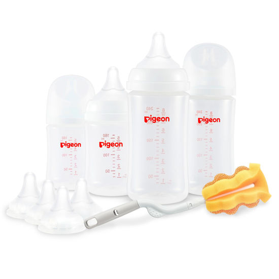 Picture of Pigeon Baby Bottle Newborn Feeding Gift Set, Anti-Colic, Wide Neck Bottle with Latch-On Line Nipple (4 PP Feeding Bottles with Nipples+ 4 Nipples + 1 Baby Bottle Brush)