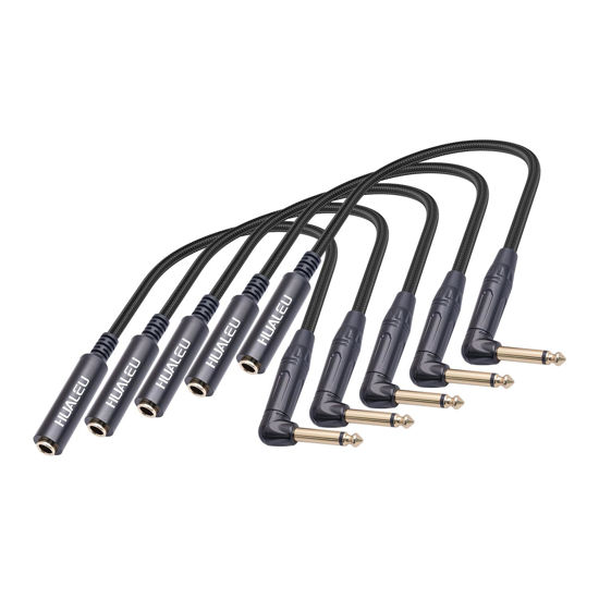Picture of HUALEU 5-Pack 1FT Right Angle 1/4 Inch TS Mono Male to 1/4 Inch TS Female Adapter, 1/4 Male to Female Guitar Patch Cable,6.35mm 1/4" Mono Connector for Bottom Plug Guitar/V-Shape Guitar