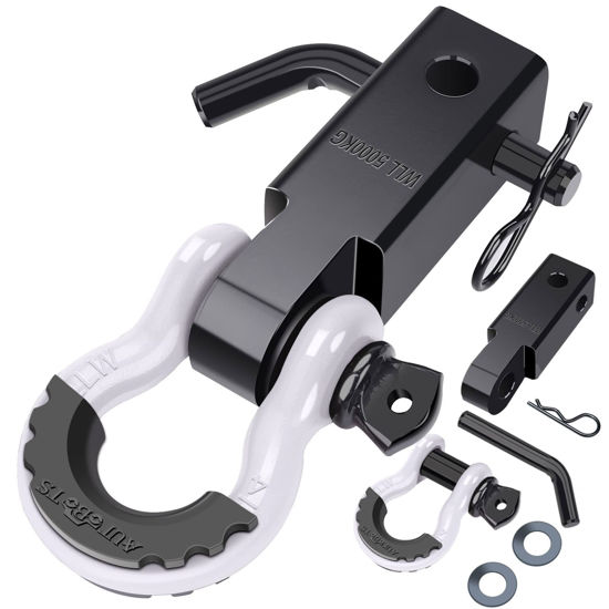 Picture of AUTOBOTS Shackle Hitch Receiver 2", 45,000 Lbs Break Strength Heavy Duty Receiver with 5/8" Screw Pin, 3/4" D Ring Shackles, Towing Accessories for Vehicle Recovery Off-Road, White&Black