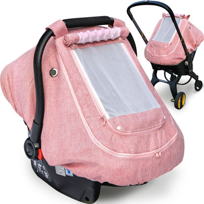 Picture of Waterproof Baby Car Seat Cover，YVMVDV Patented Pink Cold Weather Carseat Cover for Babies,Infant Car Seat Cover Canopy for Girls, Windproof Car Seat Canopy for Girls, Keeps Babies Warm and Cozy