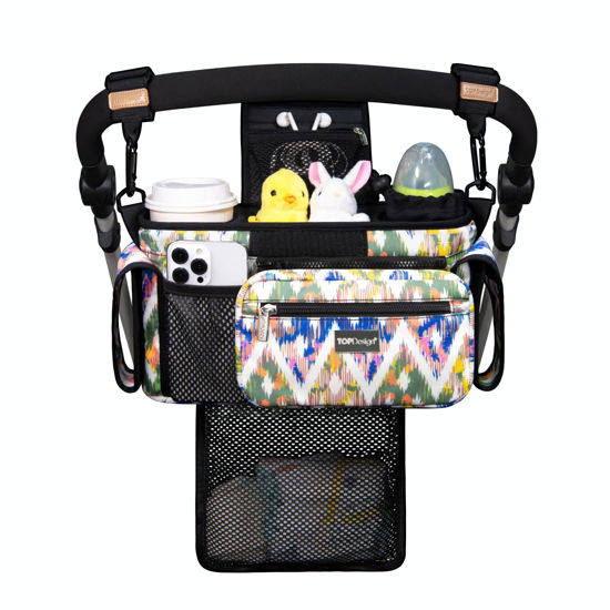 Picture of TOPDesign Universal Baby Stroller Organizer, Stroller Caddy with Detachable Mesh Bag & Heightened Insulated Cup Holders & Non-Slip Secure Hooks Accessories, Fits Most Strollers (Colorful)