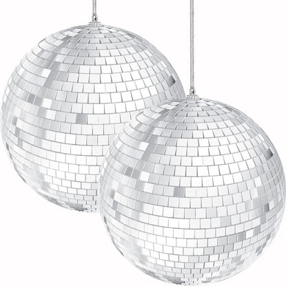 Picture of Mirror Disco Ball 4" Inch 2-Pack, Silver Hanging Ball with Attached String for Ring, Reflects Light, Fun Party Home Bands Decorations, Party Favor (2-Pack)