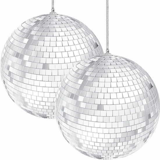 Picture of Mirror Disco Ball 4" Inch 2-Pack, Silver Hanging Ball with Attached String for Ring, Reflects Light, Fun Party Home Bands Decorations, Party Favor (2-Pack)