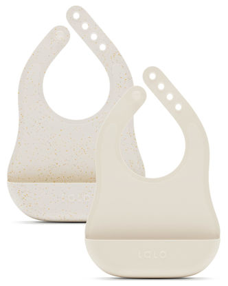 Picture of Lalo The Bib - Waterproof, Non-Toxic Silicone Baby Bib with Adjustable Neck Band & Silicone Food Pouch Catcher, Set of 2 - Oatmeal