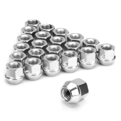 Picture of 12mmx1.5 Zinc Aftermarket Wheel Lug Nuts, 20 Pcs M12x1.5 Open End Cone Seat Bulge Acorn One-Piece lugnuts 0.83”(21mm) Long 3/4”(19mm) Hex, Sliver