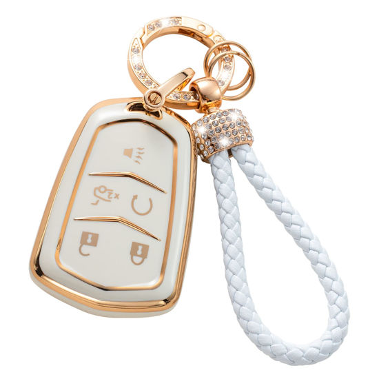 Picture of Gematay for Cadillac Key Fob Cover with Keychain Lanyard, Soft TPU Key Fob Protector Shell Compatible with Cadillac Escalade CTS SRX XT5 ATS CT6 5 Buttons Smart Key Case