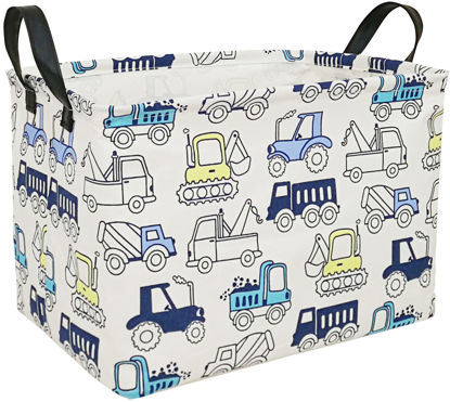 Picture of ACMUUNI REC Canvas Clothes Basket Laundry Hamper with Handles,Waterproof Cotton Storage Organizer Perfect for Kids Boys Girls Toys Room, Bedroom, Nursery,Home,Gift Basket(Engineering Vehicle)