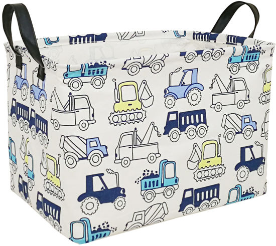 Picture of ACMUUNI REC Canvas Clothes Basket Laundry Hamper with Handles,Waterproof Cotton Storage Organizer Perfect for Kids Boys Girls Toys Room, Bedroom, Nursery,Home,Gift Basket(Engineering Vehicle)