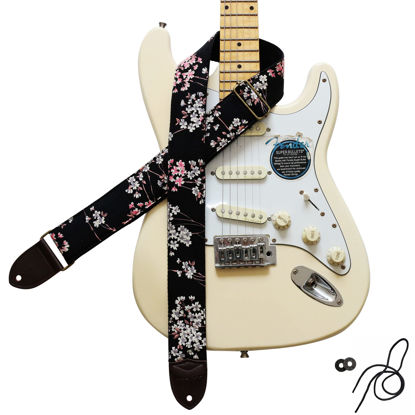 Picture of MUSIC FIRST Original Design, 2 inch width (5cm), Vintage Ukiyoe Style Five-Petal Lilac Electric Guitar Strap Bass Strap (Five-Petal Lilac)