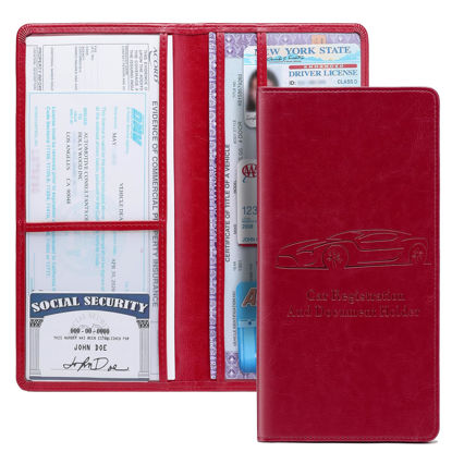 Picture of Peisicne Car Registration and Insurance Card Holder for Women Men, Red Glove Box Paperwork Organizer with Magnetic Buckle for Easy Access and Protect Documents and Various Cards in Vehicle