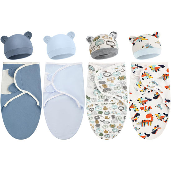 Picture of Buryeah 4 Pack Preemie Swaddle Blanket Wrap Set with Hat for Baby Boys Girls 3-7 Lbs Preemie Newborn Clothes Sleepers Cap (Blue,Safari)
