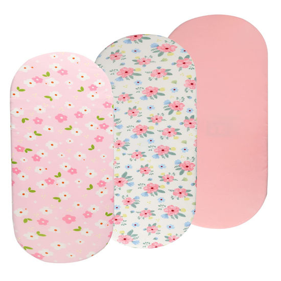 Picture of Bassinet Sheets Set 3 Pack for Baby Girl, Stretchy Soft Jersey Knitted Fitted Sheet Universal for Oval Rectangle and Hourglass Bassinet Mattress, Pink Floral