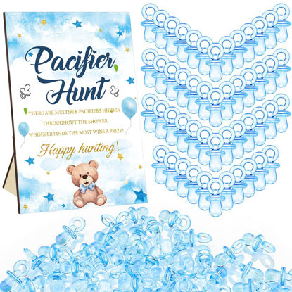 Picture of Thyle 51 Pcs Pacifier Hunt Baby Shower Games Include Pacifier Hunt Sign and 50 Acrylic Pacifiers for Baby Shower Game Decoration Gift Sets Gender Reveal Party Decor(Blue Bear)