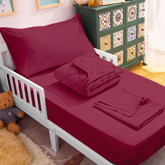Picture of NTBAY Toddler Bedding Set - 4 Piece Soft and Breathable Crib Bedding Set for Boys and Girls, Includes Quilted Comforter, Fitted Sheet, Flat Top Sheet and Envelope Pillowcase, Wine Red