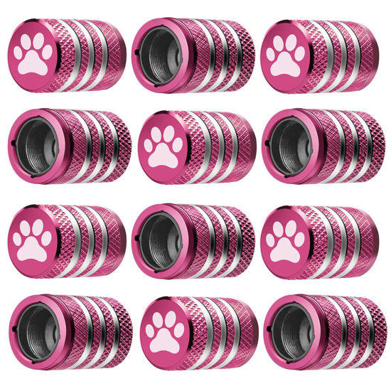 Picture of Tire Valve Stem Cap Cover - (12 Pack) Tire Air Caps Metal with Plastic Liner Corrosion Resistant Leak-Proof Cat/Dog Paw for Car Truck Motorcycle Bike Pink