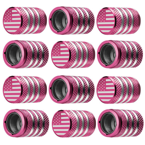Picture of Tire Valve Stem Cap Cover - (12 Pack) Tire Air Cap Metal with Plastic Liner Corrosion Resistant Leak-Proof American Flag for Car Truck Motorcycle Bike Pink