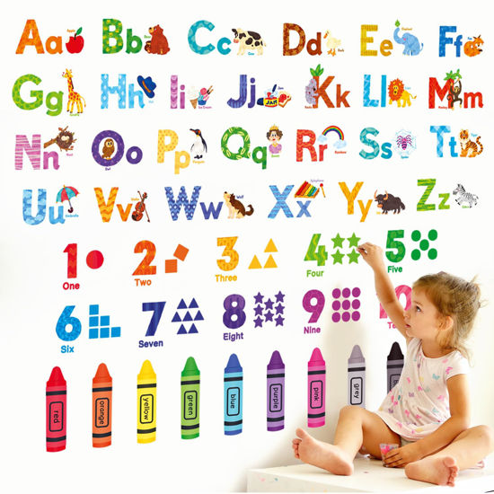 Picture of DECOWALL DS-8044 Animal Alphabet Numbers Colour Decals Stickers Kids Peel and Stick Removable for Room décor Letters ABC Classroom playroom Decorations Educational Bedroom Nursery