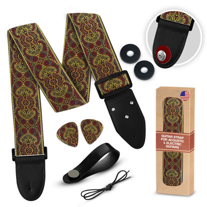 Picture of Guitar Strap Premium Padded For Electric, Acoustic, and Bass. Adjustable Unique Design Guitar Straps Includes 2 Strap Locks To Keep Your Guitar Safe - Discover Durability Comfort and Style - Red