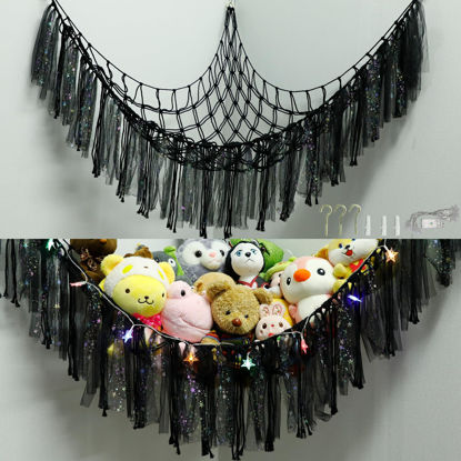 Picture of YELIENM Stuffed Animals Net or Hammock with LED Light, 59 inch Toy Hammock Net for Stuffed Animals Corner Hanging Stuffed Animal Storage Stuffed Animal Holder for Nursery Kids Bedroom… (Black)