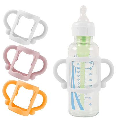 Picture of (3-Pack) Bottle Handles for Dr Brown Baby Bottles with Easy Grip Handles to Hold Their Own Bottle - BPA-Free Soft Silicone (White Pink Orange)