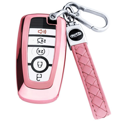 Picture of XIYANG TRADE for Ford Key Fob Cover with Keychain,Key Fob Cover Case Shell for Ford Explorer Fusion Escape Edge Expedition F150 F250 F350 F450 F550 Maverick Mustang 3/4/5 Buttons Smart Key (Pink)