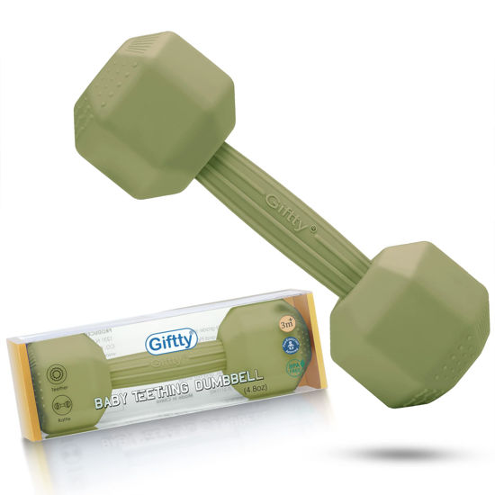 Picture of Baby Dumbbell Toy - Silicone Infant Rattle Teething Toy Teether Toddler Sensory Toy Durable Safe Exercises Workout Weight - Great Gift for Girls and Boys (1pcs - Green)