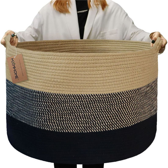 Picture of MXMHOME Large Cotton Rope Basket,22"x22"x14"Throw Blanket Storage for Living Room Woven Baby Laundry Basket with Handle Nursery Basket Soft Toy Storage Basket Comfoter Cushions Thread Hamper