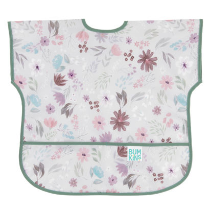 Picture of Bumkins Short Sleeve Bib for Girl or Boy, Toddler and Kids for 1-3 Years, Large Size, Essential Must Have for Junior Children, Eating, Mess Saving Soft Fabric Apron for Play, Floral Gray
