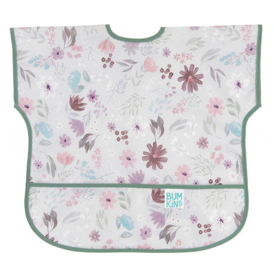 Picture of Bumkins Short Sleeve Bib for Girl or Boy, Toddler and Kids for 1-3 Years, Large Size, Essential Must Have for Junior Children, Eating, Mess Saving Soft Fabric Apron for Play, Floral Gray