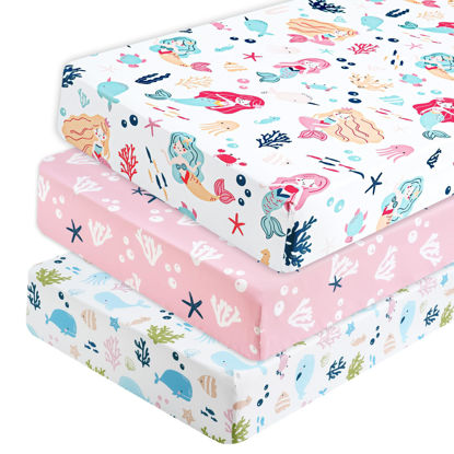 Picture of PHF 3 Pack Soft Mermaid Crib Sheets Fitted, Silky Comfy Breathable Baby Sheets for Boys Girls Neutral, 28x52 Inches Fits Standard Crib and Toddler Mattresses, Mermaid