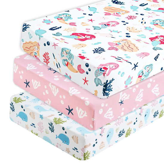 Picture of PHF 3 Pack Soft Mermaid Crib Sheets Fitted, Silky Comfy Breathable Baby Sheets for Boys Girls Neutral, 28x52 Inches Fits Standard Crib and Toddler Mattresses, Mermaid