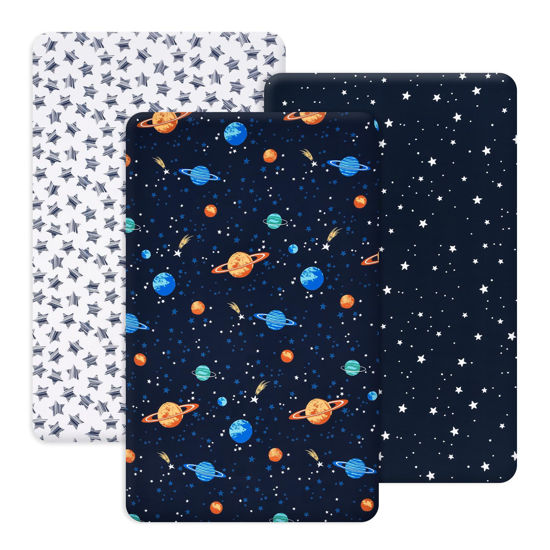 Picture of PHF 3 Pack Soft Mini Crib Sheets, Space Silky Pack N Play Sheets for Baby Boys Girls Neutral, Universal Fit for Pack N Play, Playard, Portable and Mini Crib Mattresses, Space