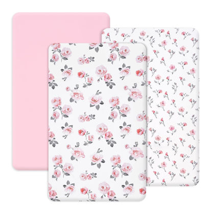 Picture of PHF 3 Pack Soft Mini Crib Sheets, Rose Floral Silky Pack N Play Sheets for Baby Boys Girls, Universal Fit for Pack N Play, Playard, Portable and Mini Crib Mattresses, Pink Floral
