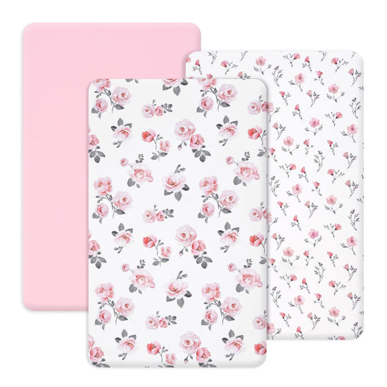 Picture of PHF 3 Pack Soft Mini Crib Sheets, Rose Floral Silky Pack N Play Sheets for Baby Boys Girls, Universal Fit for Pack N Play, Playard, Portable and Mini Crib Mattresses, Pink Floral