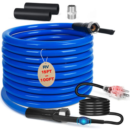 Picture of SZFY 15FT Heated Water Hose for RV,Heated Drinking Water Hose with Thermostat,Lead and BPA Free,1/2" Inner Diameter,Temperatures Down to -40°F Self-Regulating,Blue Appearance