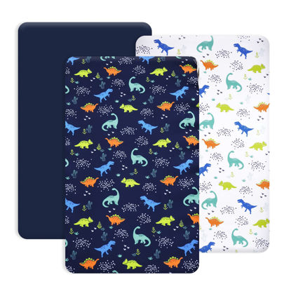 Picture of PHF 3 Pack Soft Mini Crib Sheets, Dinosaur Silky Pack N Play Sheets for Baby Boys Girls, Universal Fit for Pack N Play, Playard, Portable and Mini Crib Mattresses,Navy Dinosaur