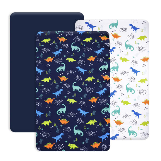 Picture of PHF 3 Pack Soft Mini Crib Sheets, Dinosaur Silky Pack N Play Sheets for Baby Boys Girls, Universal Fit for Pack N Play, Playard, Portable and Mini Crib Mattresses,Navy Dinosaur