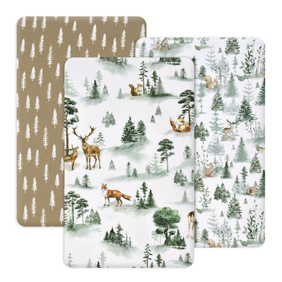 Picture of PHF 3 Pack Soft Mini Crib Sheets, Woodland Silky Pack N Play Sheets for Baby Boys Girls Neutral, Universal Fit for Pack N Play, Playard, Portable and Mini Crib Mattresses, Woodland