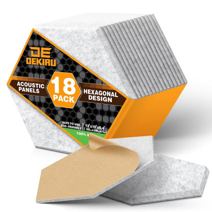 Picture of DEKIRU Self Adhesive Soundproof Foam Panels 18 Pack, 12''X10''X0.4'' Hexagon Acoustic Panels, Easy Install Sound Absorbing Panels for Home Recording Studio, Office, and More (Grey)