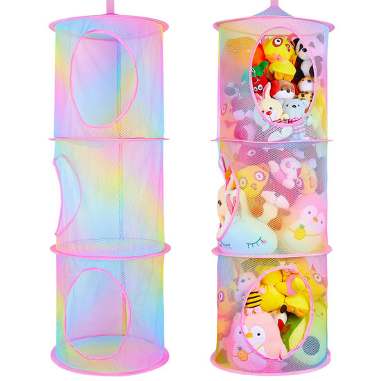 Picture of Basumee Stuffed Animals Net or Hammock 2 Pcs Stuffed Animals Storage Toy Net Hammock for Stuffed Animals Organizer Mesh Hammock Kids Girls Room Decor, Rainbow, 3 Tiers