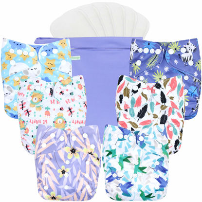 Picture of wegreeco Cloth Diapers 6 Pack with 6 Inserts & 1 Wet Bag, Washable Cloth Diapers for Babies, One Size Adjustable Reusable Diapers Baby (Leaves, Animals)
