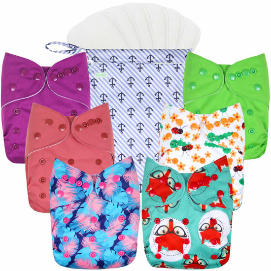 Picture of wegreeco Cloth Diapers 6 Pack with 6 Inserts, Washable Cloth Diapers for Babies, One Size Adjustable Reusable Diapers Baby (Girl Prints + 1 Wet Bag)
