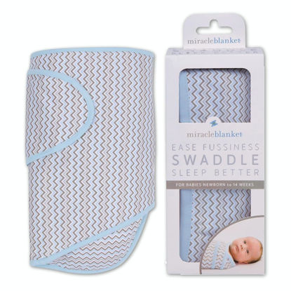 Picture of Miracle Blanket Swaddle Wrap - Boy, Girl, or Neutral Receiving Baby Blanket - Soft, Wearable Sleep Sack Essential for Newborns and Infants (Blue & Gray Chevron)
