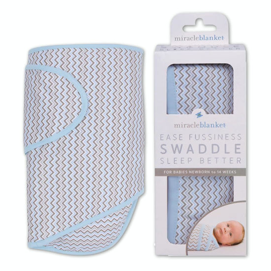Picture of Miracle Blanket Swaddle Wrap - Boy, Girl, or Neutral Receiving Baby Blanket - Soft, Wearable Sleep Sack Essential for Newborns and Infants (Blue & Gray Chevron)