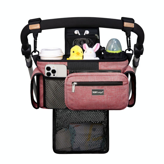 Picture of TOPDesign Universal Baby Stroller Organizer, Stroller Caddy with Detachable Mesh Bag & Heightened Insulated Cup Holders & Non-Slip Secure Hooks Accessories, Fits Most Strollers (Red)