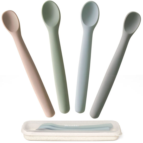 Picture of Moonkie Silicone Baby Spoons Set of 4, Two Sizes Feeding Spoon for First Stage 4+ Months, Baby Utensils with Case, Toddler Led Weaning Spoons, Bendable, Chewproof & Boil-proof